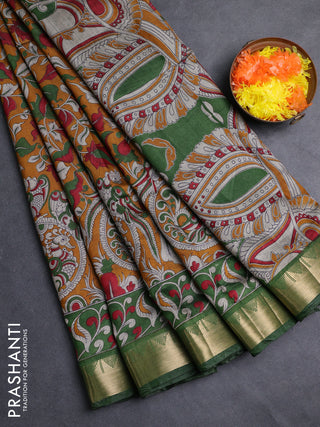 Semi maheshwari cotton saree mustard yellow and green with allover kalamkari prints and zari woven border