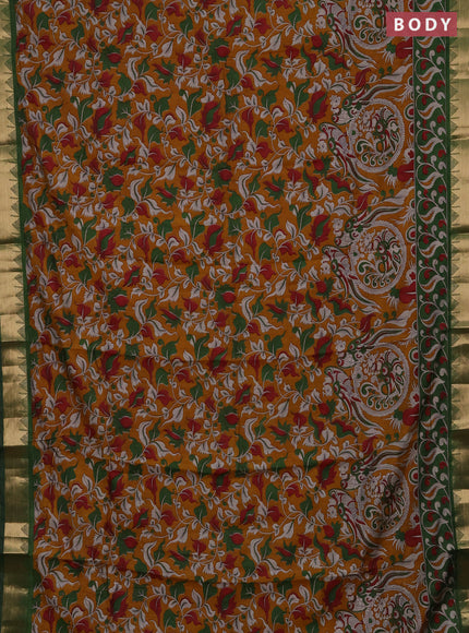 Semi maheshwari cotton saree mustard yellow and green with allover kalamkari prints and zari woven border