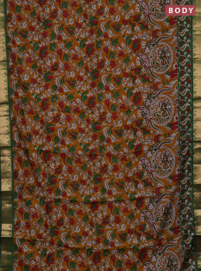 Semi maheshwari cotton saree mustard yellow and green with allover kalamkari prints and zari woven border