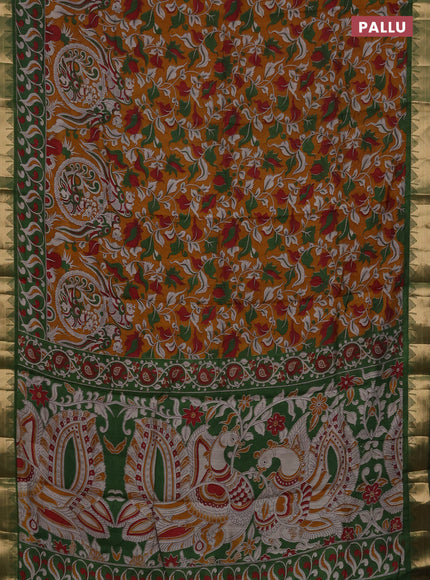 Semi maheshwari cotton saree mustard yellow and green with allover kalamkari prints and zari woven border