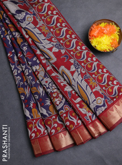 Semi maheshwari cotton saree blue and maroon with allover kalamkari prints and zari woven border