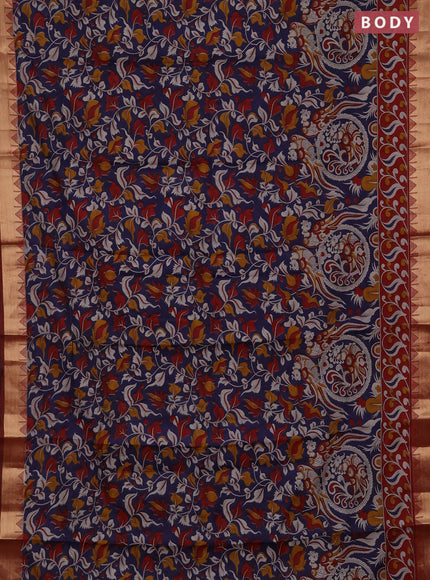Semi maheshwari cotton saree blue and maroon with allover kalamkari prints and zari woven border