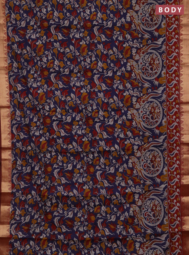 Semi maheshwari cotton saree blue and maroon with allover kalamkari prints and zari woven border