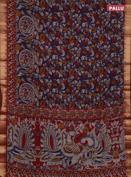 Semi maheshwari cotton saree blue and maroon with allover kalamkari prints and zari woven border