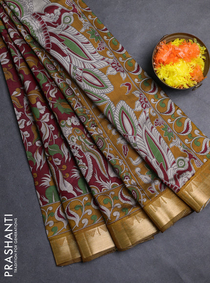 Semi maheshwari cotton saree maroon and mustard yellow with allover kalamkari prints and zari woven border