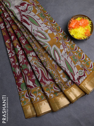 Semi maheshwari cotton saree maroon and mustard yellow with allover kalamkari prints and zari woven border