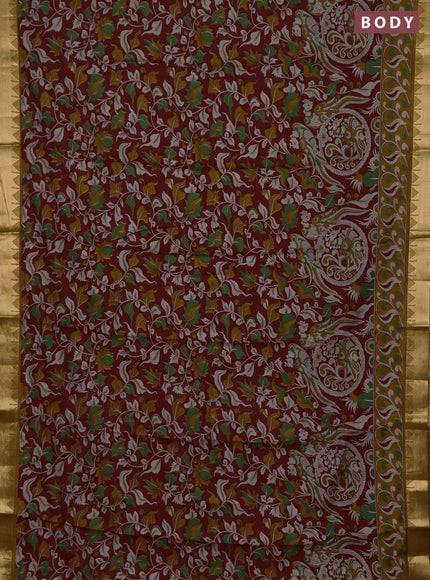 Semi maheshwari cotton saree maroon and mustard yellow with allover kalamkari prints and zari woven border