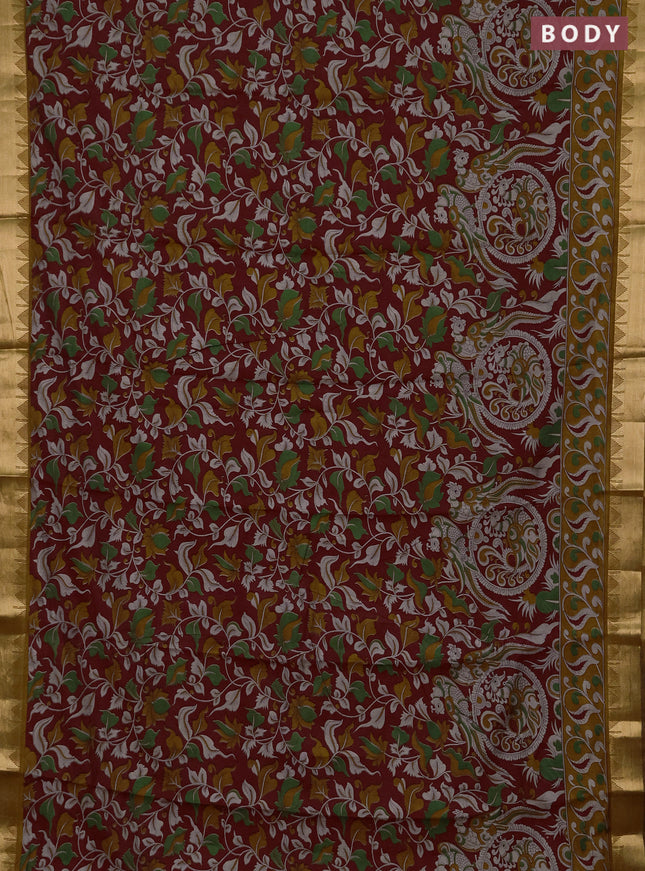 Semi maheshwari cotton saree maroon and mustard yellow with allover kalamkari prints and zari woven border