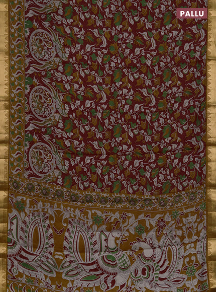 Semi maheshwari cotton saree maroon and mustard yellow with allover kalamkari prints and zari woven border