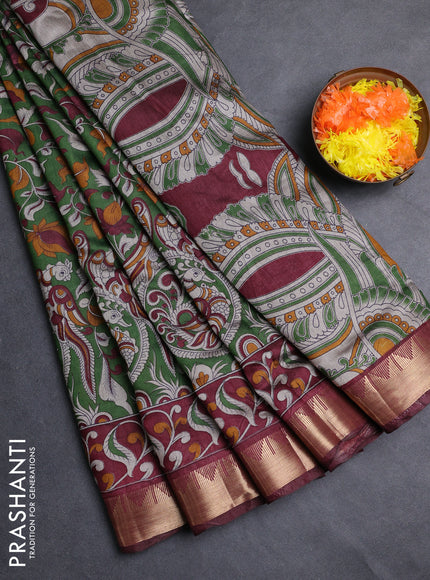 Semi maheshwari cotton saree green and deep maroon with allover kalamkari prints and zari woven border