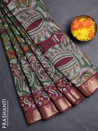 Semi maheshwari cotton saree green and deep maroon with allover kalamkari prints and zari woven border