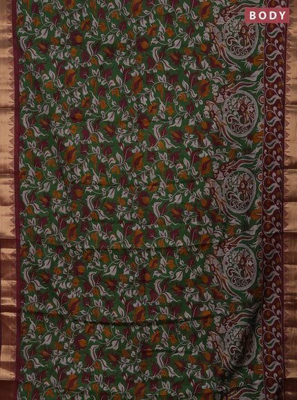Semi maheshwari cotton saree green and deep maroon with allover kalamkari prints and zari woven border