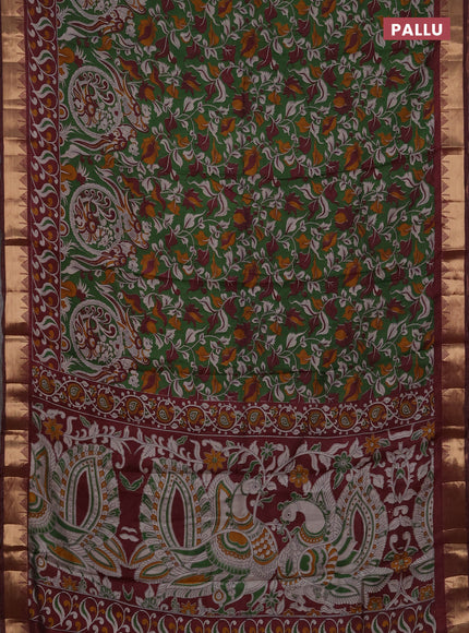 Semi maheshwari cotton saree green and deep maroon with allover kalamkari prints and zari woven border