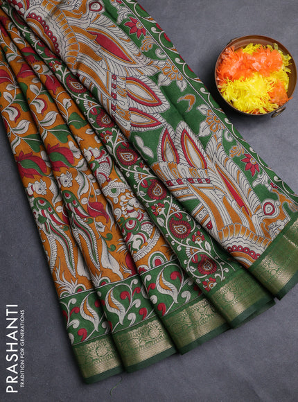Semi maheshwari cotton saree mustard yellow and green with allover kalamkari prints and zari woven border