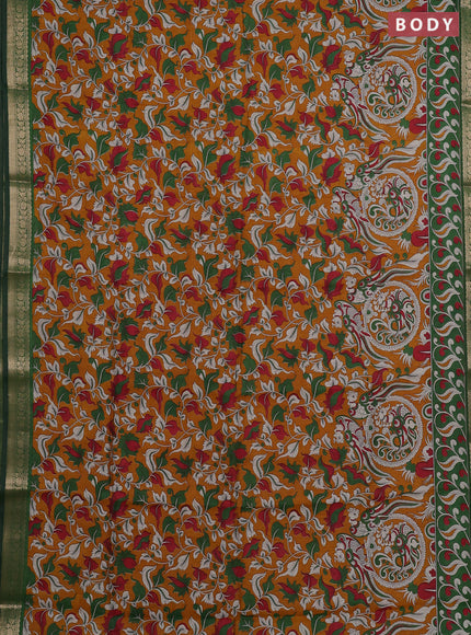 Semi maheshwari cotton saree mustard yellow and green with allover kalamkari prints and zari woven border
