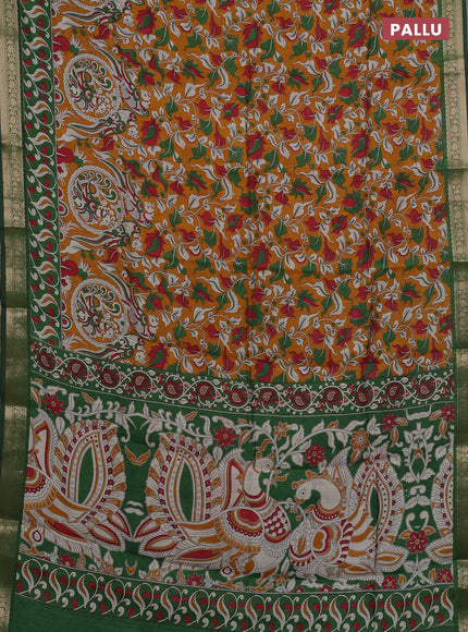 Semi maheshwari cotton saree mustard yellow and green with allover kalamkari prints and zari woven border