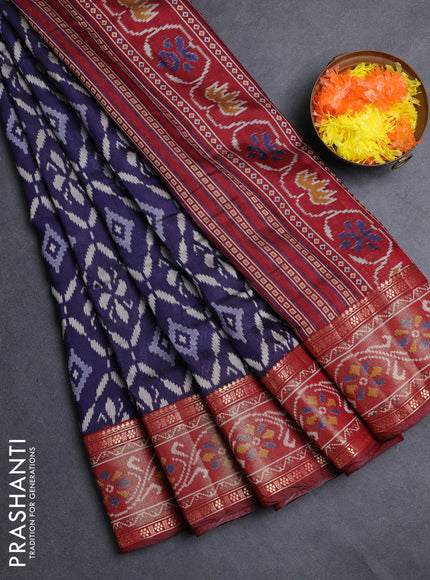 Semi maheshwari cotton saree navy blue and deep maroon with allover ikat prints and rettapet zari woven border