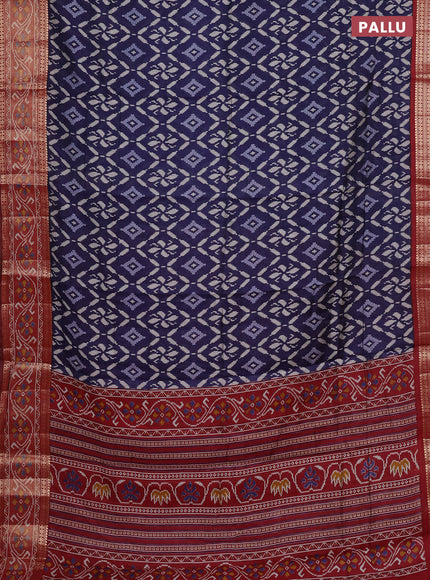 Semi maheshwari cotton saree navy blue and deep maroon with allover ikat prints and rettapet zari woven border