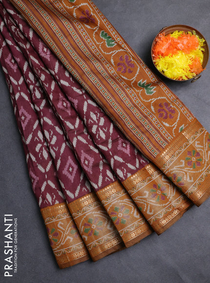 Semi maheshwari cotton saree wine shade and mustard yellow with allover ikat prints and rettapet zari woven border