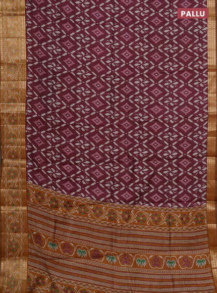 Semi maheshwari cotton saree wine shade and mustard yellow with allover ikat prints and rettapet zari woven border