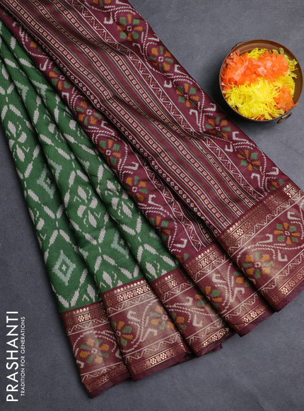 Semi maheshwari cotton saree green and deep maroon with allover ikat prints and rettapet zari woven border