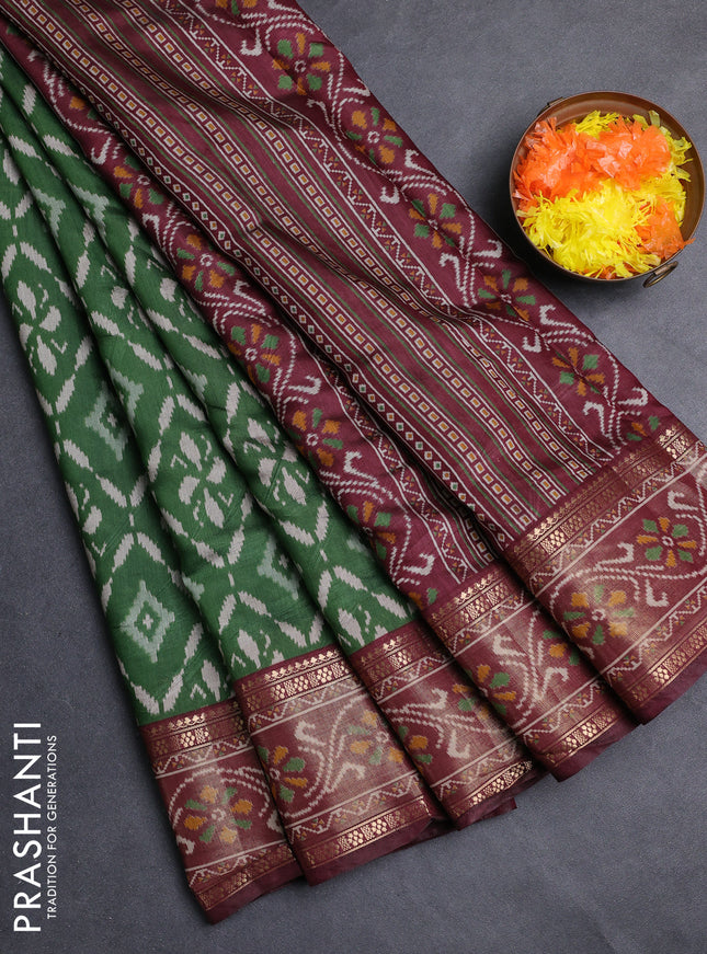 Semi maheshwari cotton saree green and deep maroon with allover ikat prints and rettapet zari woven border