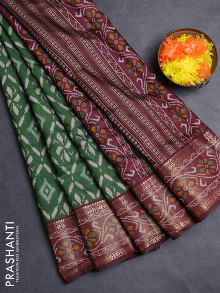 Semi maheshwari cotton saree green and deep maroon with allover ikat prints and rettapet zari woven border