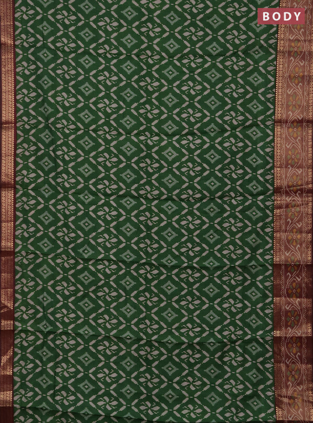 Semi maheshwari cotton saree green and deep maroon with allover ikat prints and rettapet zari woven border