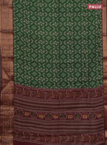 Semi maheshwari cotton saree green and deep maroon with allover ikat prints and rettapet zari woven border