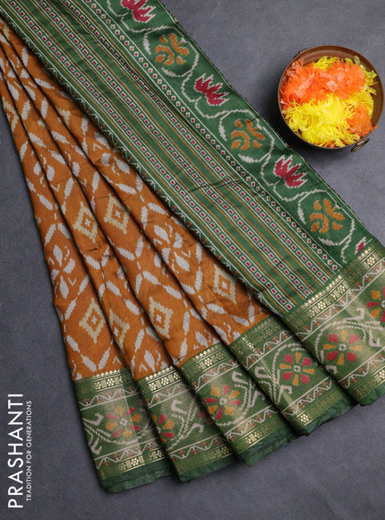Semi maheshwari cotton saree mustard yellow and green with allover ikat prints and rettapet zari woven border