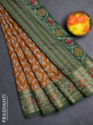 Semi maheshwari cotton saree mustard yellow and green with allover ikat prints and rettapet zari woven border