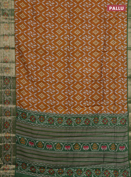 Semi maheshwari cotton saree mustard yellow and green with allover ikat prints and rettapet zari woven border