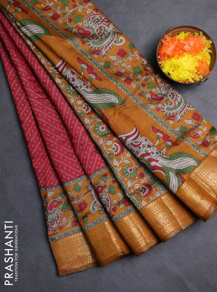 Semi maheshwari cotton saree maroon and mustard yellow with allover ikat prints and zari woven border
