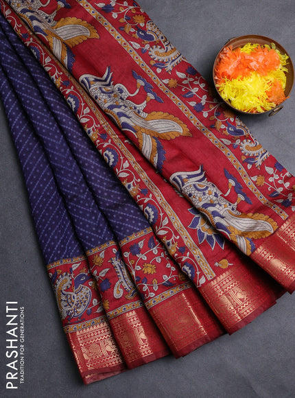 Semi maheshwari cotton saree navy blue and deep maroon with allover ikat prints and zari woven border