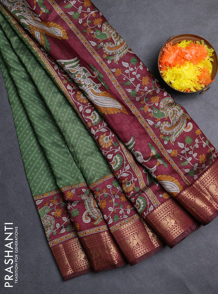 Semi maheshwari cotton saree green and deep maroon with allover ikat prints and zari woven border