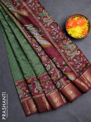 Semi maheshwari cotton saree green and deep maroon with allover ikat prints and zari woven border