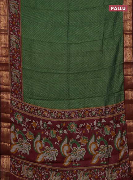 Semi maheshwari cotton saree green and deep maroon with allover ikat prints and zari woven border