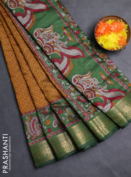 Semi maheshwari cotton saree mustard yellow and green with allover ikat prints and zari woven border