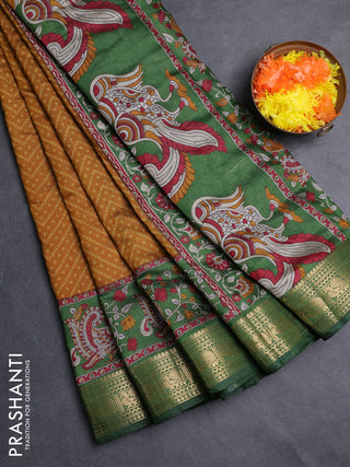 Semi maheshwari cotton saree mustard yellow and green with allover ikat prints and zari woven border