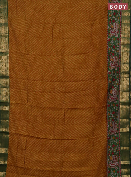 Semi maheshwari cotton saree mustard yellow and green with allover ikat prints and zari woven border