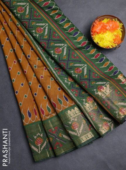 Semi maheshwari cotton saree mustard yellow and green with allover ikat prints and rettapet zari woven border