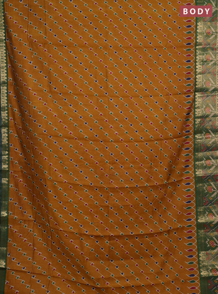 Semi maheshwari cotton saree mustard yellow and green with allover ikat prints and rettapet zari woven border