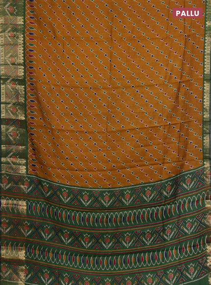 Semi maheshwari cotton saree mustard yellow and green with allover ikat prints and rettapet zari woven border