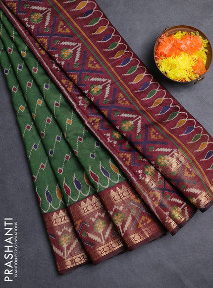 Semi maheshwari cotton saree green and maroon with allover ikat prints and rettapet zari woven border