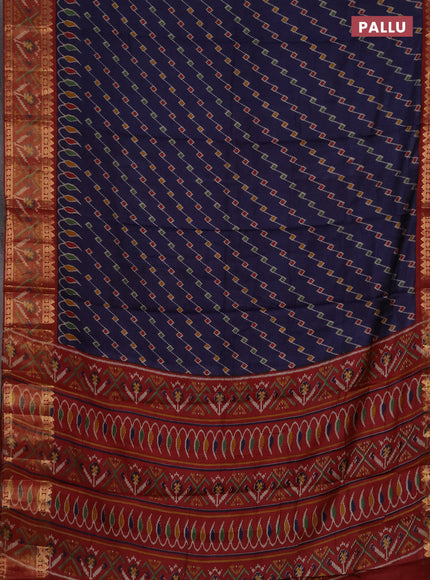 Semi maheshwari cotton saree navy blue and maroon with allover ikat prints and rettapet zari woven border