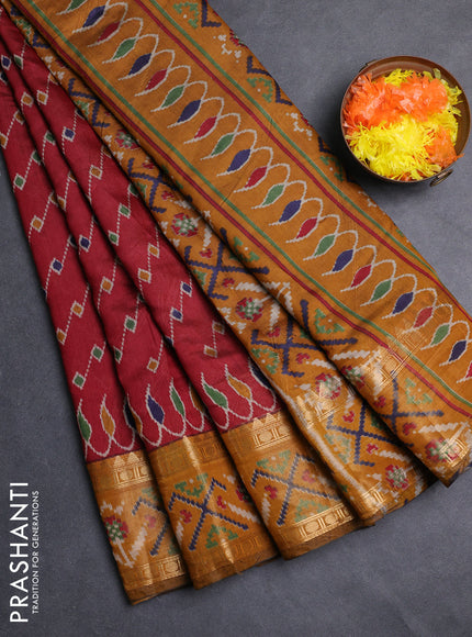 Semi maheshwari cotton saree maroon and mustard yellow with allover ikat prints and rettapet zari woven border