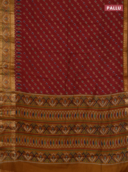 Semi maheshwari cotton saree maroon and mustard yellow with allover ikat prints and rettapet zari woven border