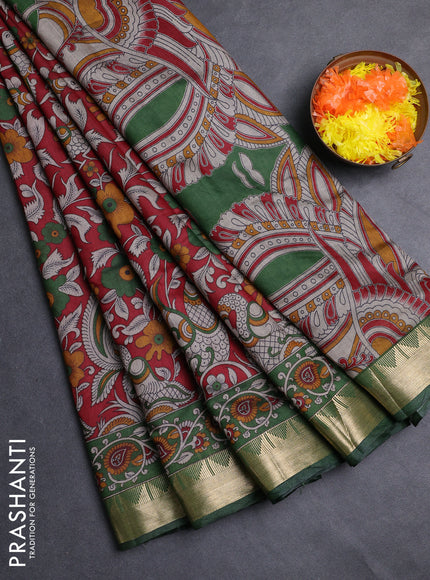 Semi maheshwari cotton saree maroon and green with allover kalamkari prints and zari woven border