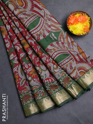 Semi maheshwari cotton saree maroon and green with allover kalamkari prints and zari woven border