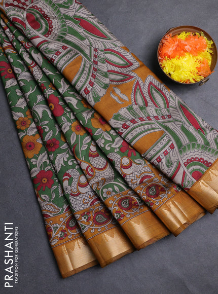 Semi maheshwari cotton saree green and mustard yellow with allover kalamkari prints and zari woven border